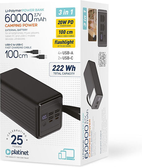 Platinet Power Bank 60000mAh 20W Power Delivery Μαύρο