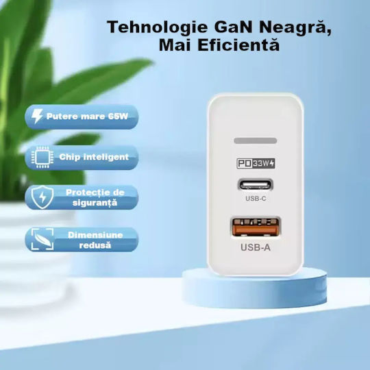 Încărcător Fără Cablu GaN cu Port USB-A și Port USB-C 65W Livrarea energiei / Quick Charge 3.0 Albς