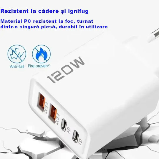 Încărcător Fără Cablu cu 2 Porturi USB-A și 2 Porturi USB-C 120W Livrarea energiei / Quick Charge 3.0 Albς