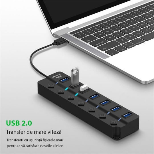 Hub USB 7 Porturi Huba2401 7 X USB 2.0 Alimentare Indicator LED Comutator Independent Negru