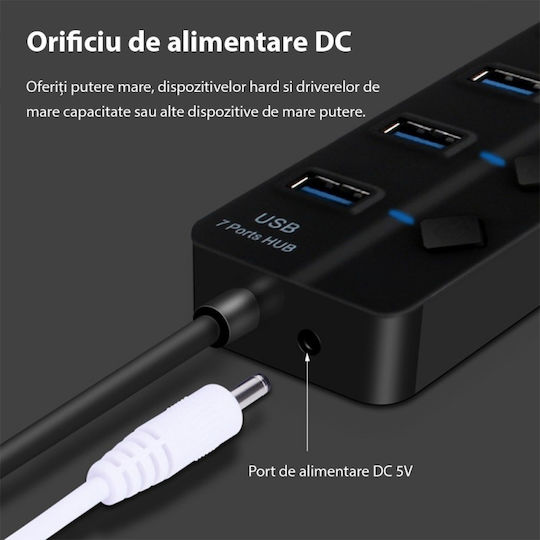 Hub USB 7 Porturi Huba2401 7 X USB 2.0 Alimentare Indicator LED Comutator Independent Negru