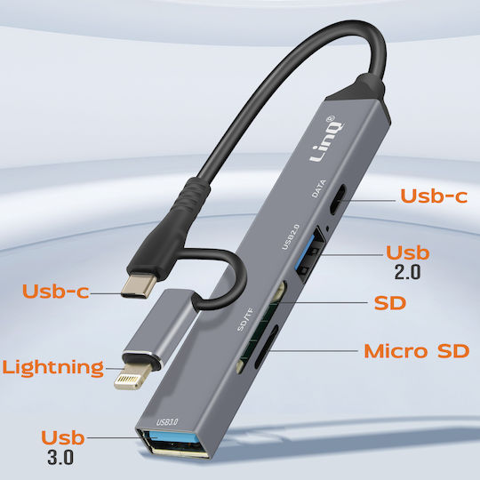 Linq USB-C Lightning OTG USB-Hub 1x USB-C Anschluss + 2x USB + SD TF Karte Schwarze
