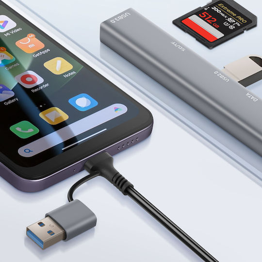 Linq USB Хъб Поддържа OTG USB-C Power Delivery 60W Четец За SD TF Карти Сив
