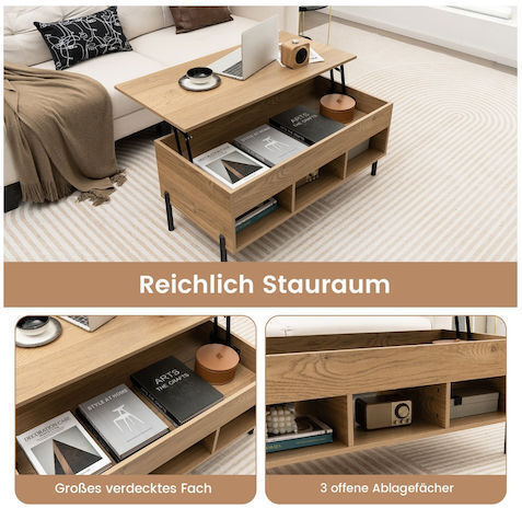 Rectangular Central Metal Coffee Table with Lifting Mechanism Natural Colour M100xW50xH45cm