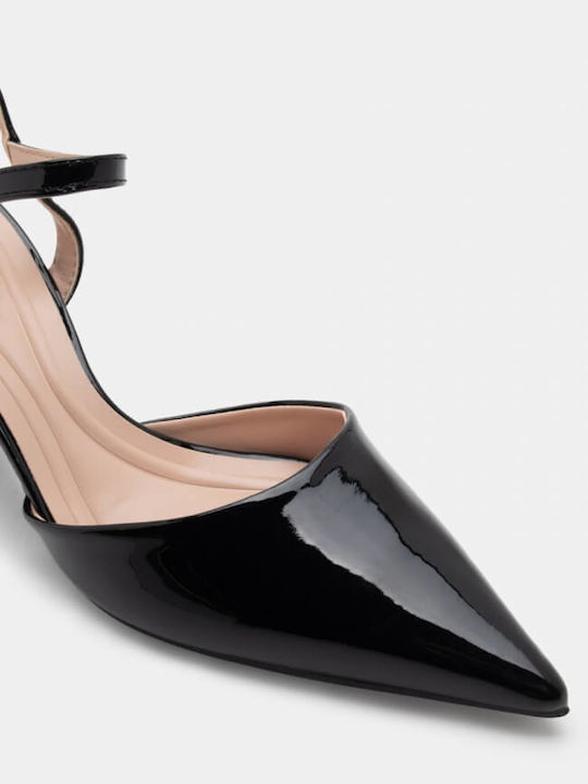 Synthetic Leather Pointed Toe Black Medium Heels with Strap