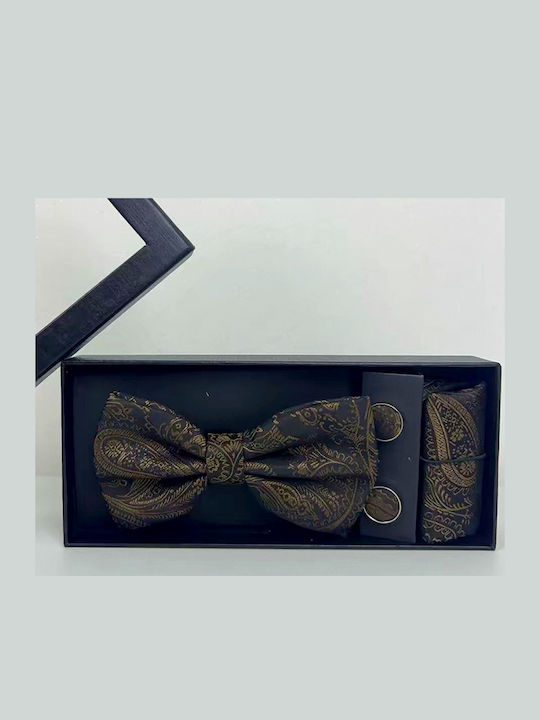 Elegant 3-piece Set Men Bow Tie Cufflinks Fabric Pocket Square Dark Green-gold