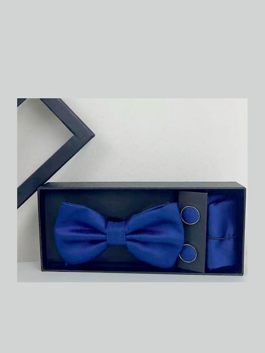Elegant 3-Piece Set Men Bow Tie Cufflinks Fabric Handkerchief Blue
