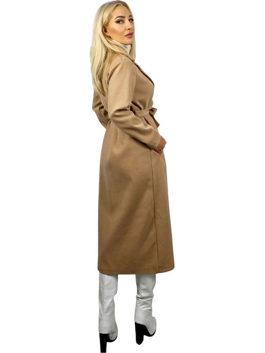 Wolle Damen Beige Mantel mit Fellbesatz