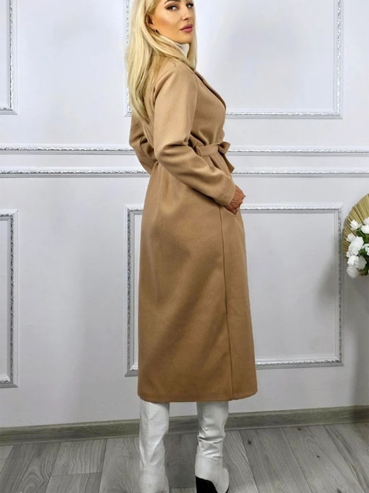 Wolle Damen Beige Mantel mit Fellbesatz