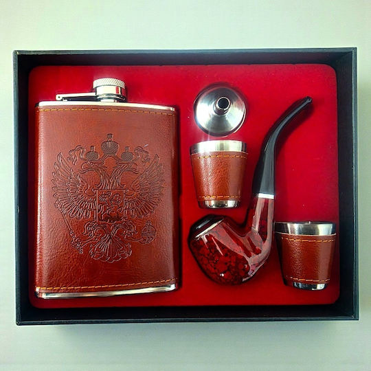 Men's Gift Set Vlv 5 Pieces Flask Pipe 2 Glasses Funnel Brown