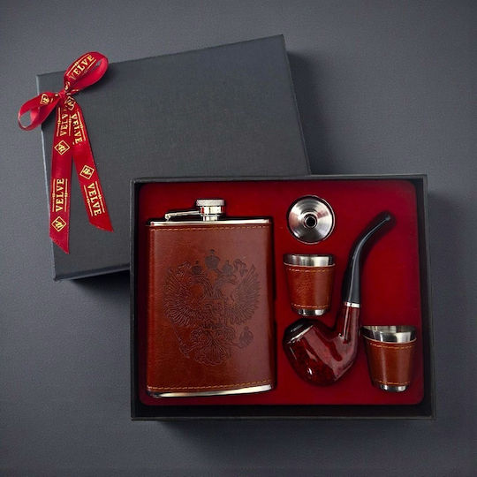 Men's Gift Set Vlv 5 Pieces Flask Pipe 2 Glasses Funnel Brown