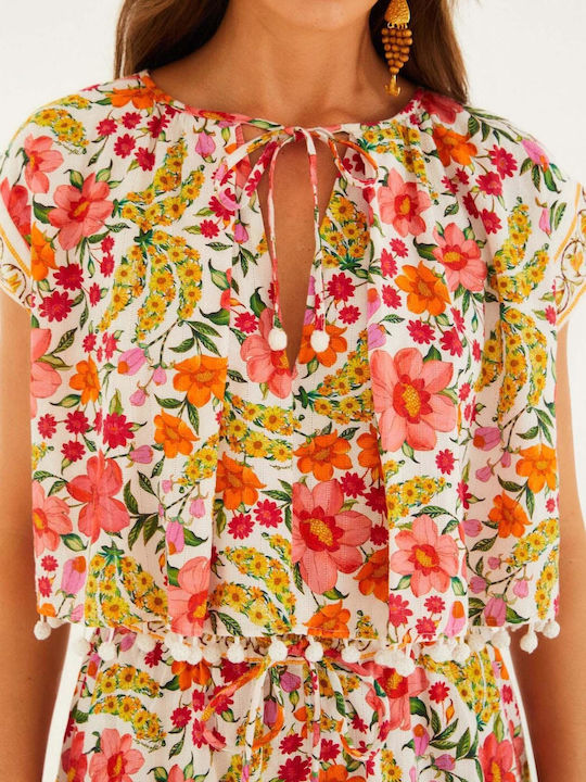 Women's Blouse Short Sleeve Floral Off-white