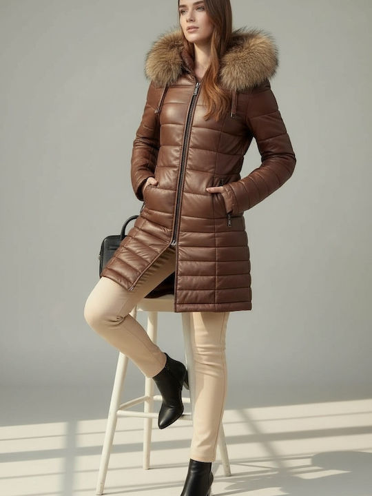 Women's Lifestyle Leather Jacket for Winter with Hood Brown