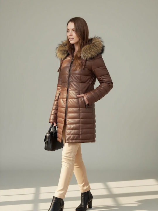 Women's Lifestyle Leather Jacket for Winter with Hood Brown