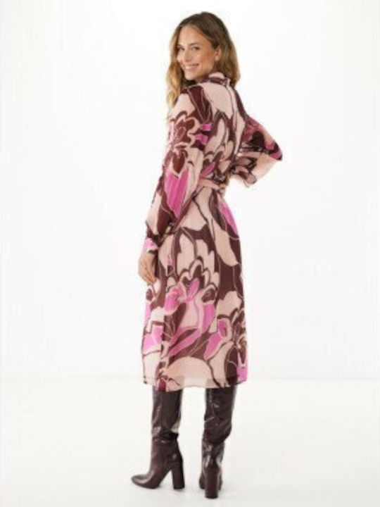 Summer Midi Shirt Dress Long Sleeve Pink