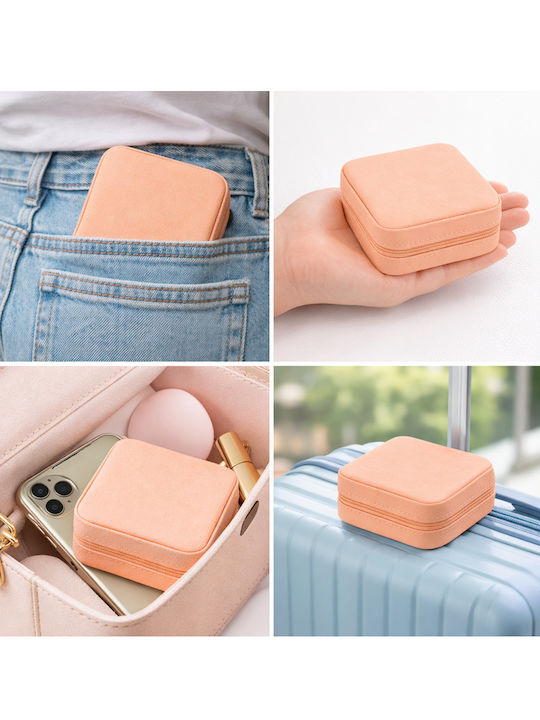 Θήκη Κοσμημάτων Φορητή Ταξιδιωτική 10×10×5cm Pu-δέρμα — Σκουλαρίκια Κολιέ Δαχτυλίδια Βραχιόλια Peach Sn00004