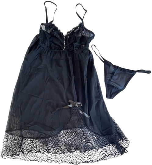 Freemove Sexy Schwarzes Negligé Tanga String mit Spitze Spinne 18606