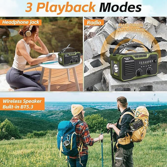 Crank Portable Radio Rechargeable with Bluetooth and USB Green
