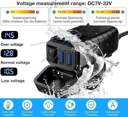 Raistar Waterproof Motorcycle Charger with Ports: 2xUSB