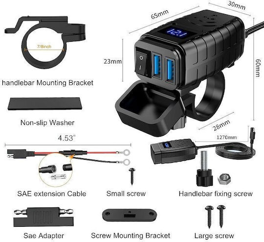 Raistar Waterproof Motorcycle Charger with Ports: 2xUSB