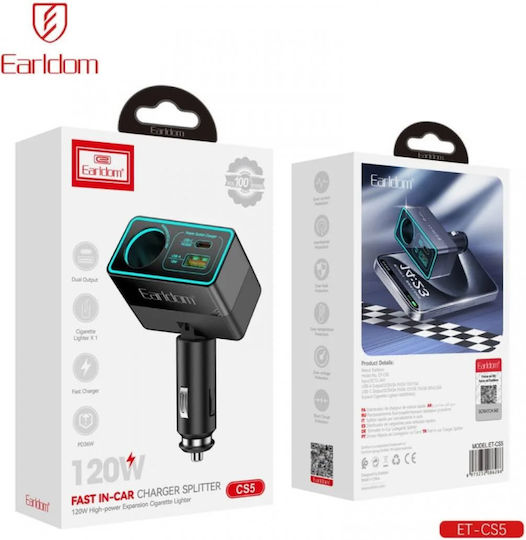 Earldom Car Charger 120W Fast Charging with Ports: 1xUSB 1xType-C 1xLighter with Cable Embedded