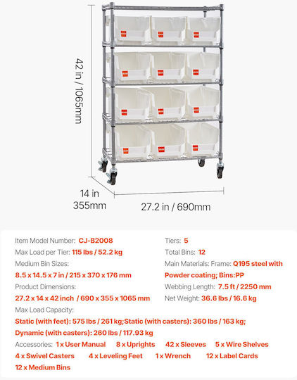 Vevor Kitchen Trolley 5 Tiers Silver
