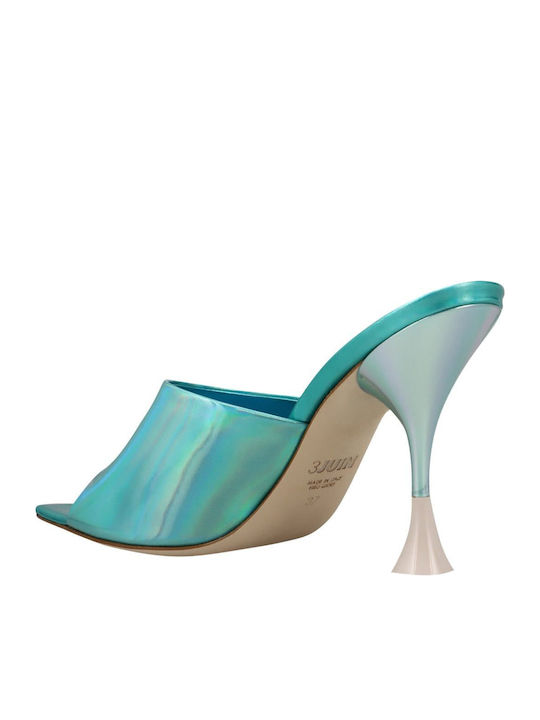 Leather Mules with High Heel in Turquoise Color