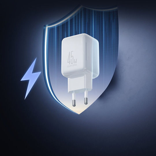 Joyroom GaN Charger with 2 USB-C Output Ports and USB-C Cable USB-C 45W Power Delivery White
