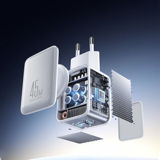 Joyroom GaN Charger with 2 USB-C Output Ports and USB-C Cable USB-C 45W Power Delivery White