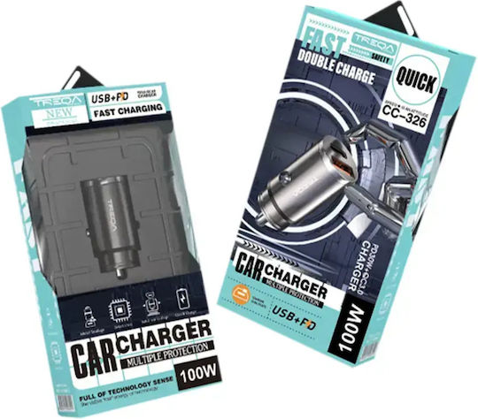 Treqa Auto-Ladegerät 100W Schnellladung mit Anschlüssen: 1xUSB 1xType-C mit Kabel Typ-C,TC-TC