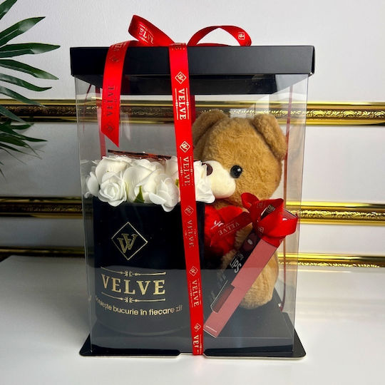 Special Valentine Package 25 Cm Teddy Bear Arrangement 9 Soap Roses Brooch Cosmetics Set In A Gift Box