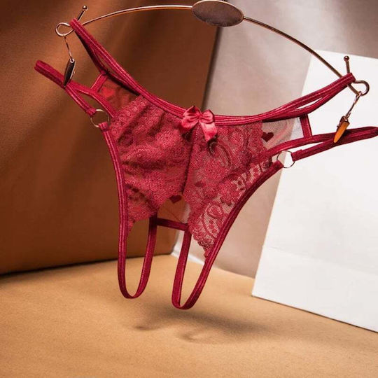 Women Sexy Open Lace Thong Red