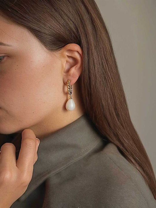 Chrysothemiss Women's Earrings Golden Pearl Drop White Bead Shell