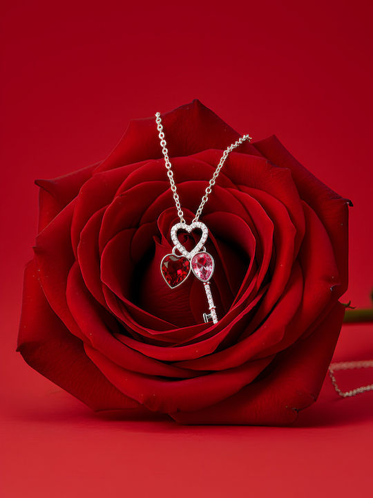 Chrysothemiss Women's Necklace Key To My Heart Rhodium Plated Red & Pink Crystals