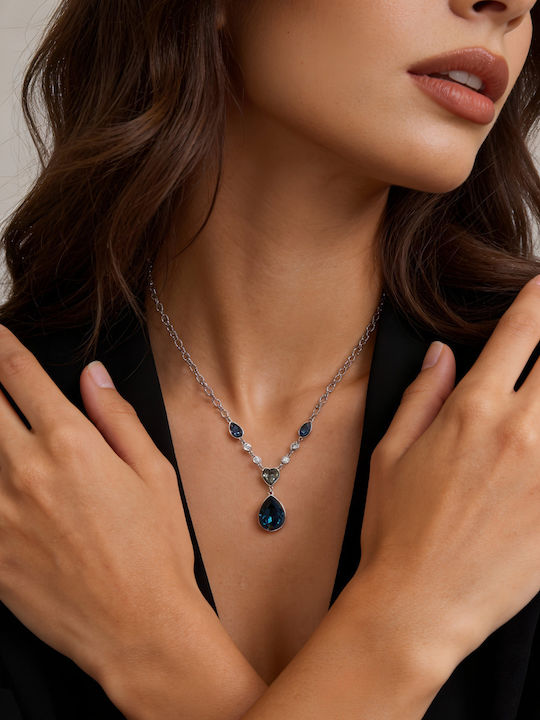 Chrysothemiss Women's Necklace Midnight Grace Platinum Plated Dark Blue Crystal & Heart