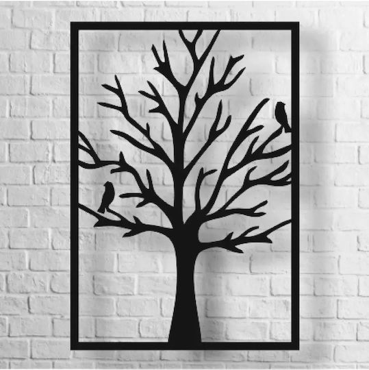 Wooden Wall Sign Tree Birds Black Decorative 3d 35 X 50 Cm