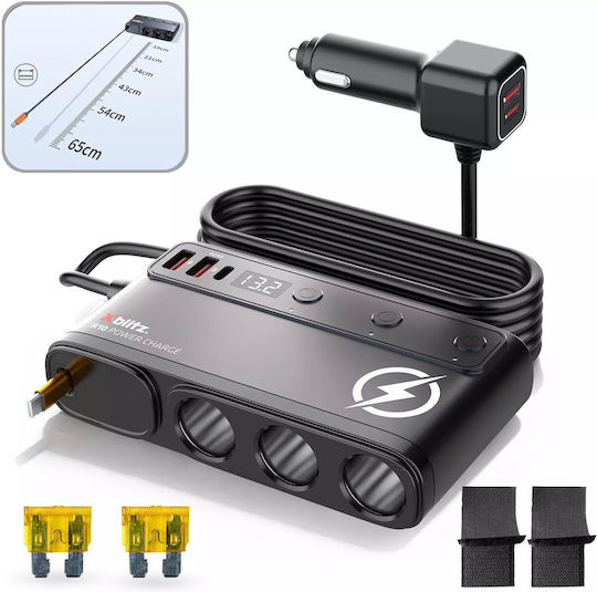 Xblitz Φορτιστής Αυτοκινήτου με Θύρες: 3xUSB 1xType-C 3xΑναπτήρα Μαύρο Χρώμα