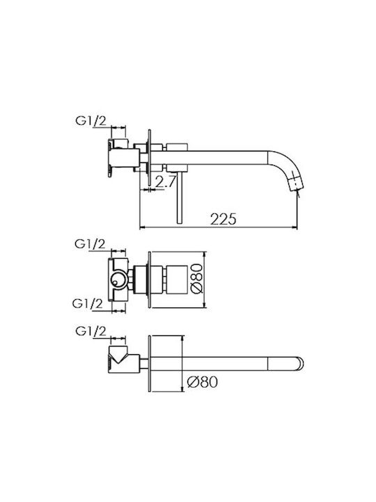 Excel Built-in Mixer & Spout Set for for Bathroom Sink 2 Exits Silver