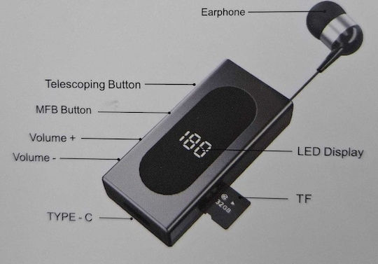 K100 In-ear Bluetooth Handsfree Ακουστικό Πέτου Μαύρο