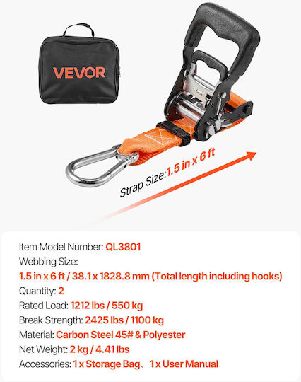 Ιμάντες Καστάνιας Vevor 38,1 Mm X 1,8 M Ιμάντες Δεσίματος Βαρέως Τύπου Καραμπίνερ Αντοχή Θραύσης 1100 Kg Τσάντα Μεταφοράς Δέσιμο Καστάνια Μεταφορές Τρέιλερ Μοτοσικλέτες Καγιάκ Οροφή Αυτοκινήτου 2 Τεμάχια