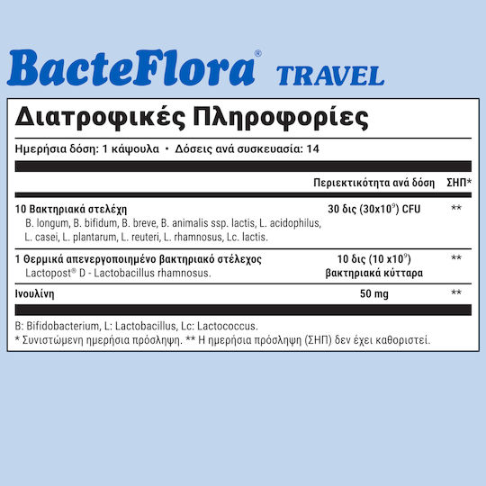 Olonea Bacteflora Travel Συμπλήρωμα με Προβιοτικά & Πρεβιοτικά 14 κάψουλες