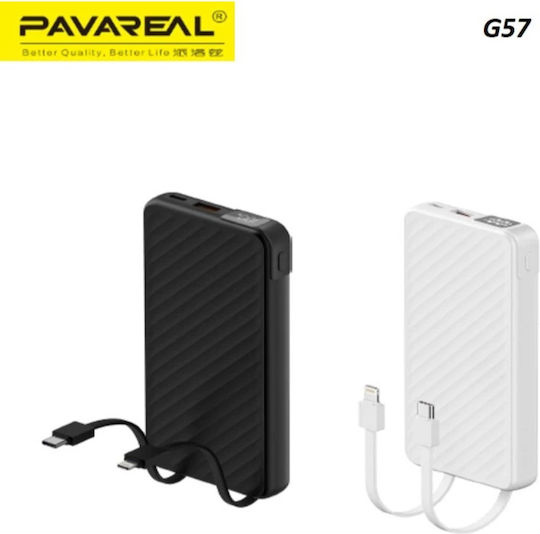 Pavareal G57 Ултратънка Външна Батерия 10000mAh 22.5W Бързо Зареждане Вградени Кабели USB-C И Lightning Черна