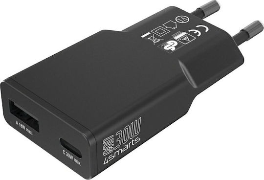 4Smarts Φορτιστής Χωρίς Καλώδιο GaN με 2 Θύρες USB-C 30W Power Delivery Μαύρος (Flatplug Slim)
