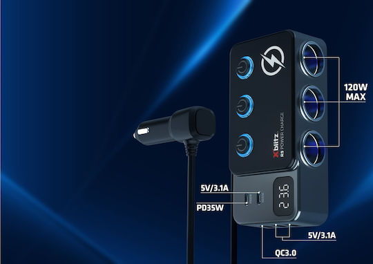Xblitz Φορτιστής Αυτοκινήτου 35W με Θύρες: 3xUSB-A 2xType-C 3xΑναπτήρα Μαύρο Χρώμα