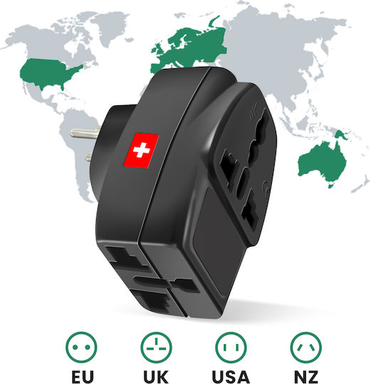Akashi Travel Adapter Socket Type J Switzerland 3 Universal Outlets Black