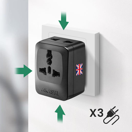 Akashi Адаптер За Пътуване Тип G UK HK Сингапур 3 Контакта Черен