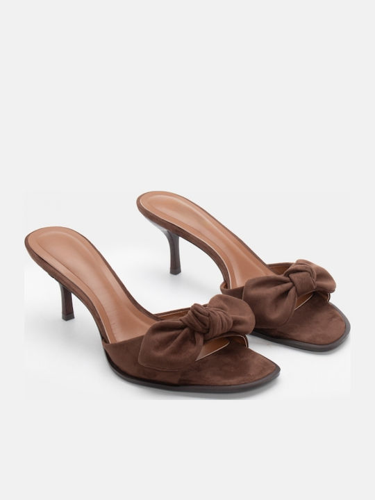 Suede Women's Mules with Thin Low Heel in Brown Color