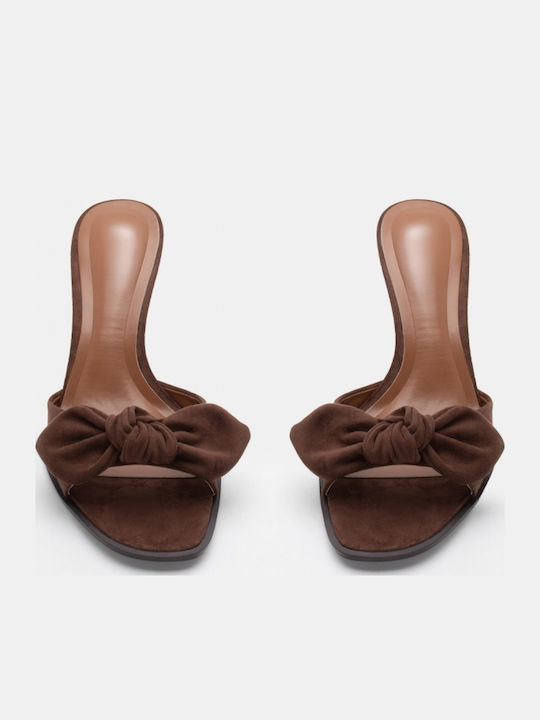 Suede Women's Mules with Thin Low Heel in Brown Color