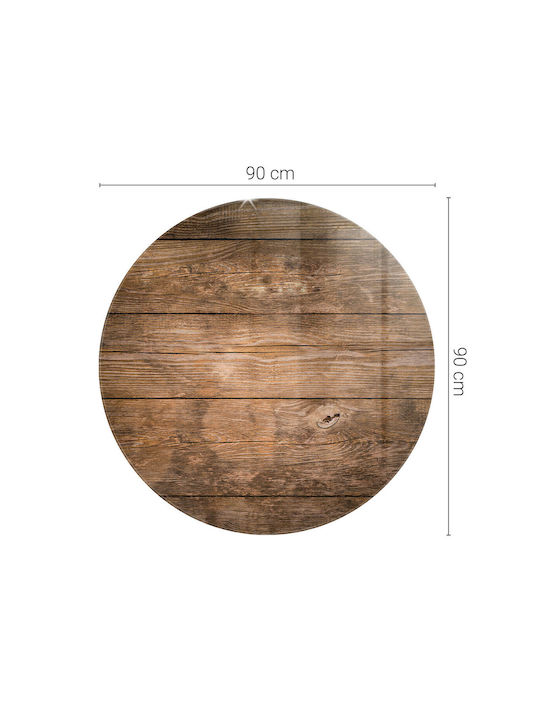 Round Table Panel Tempered Glass Wooden Plank Design Natural Style Ø 90 Cm