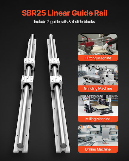 Vevor Sbr25 Linear Rail Set 2 Pieces 1200 Mm 47.24 Inch Linear Motion Guides 4 Pieces Sliders Bearings Fully Supported Shaft Cutting Grinding Milling Drilling Machines Accessories